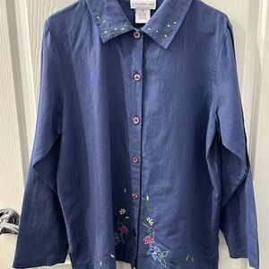 Susan Graver Denim Blue Embroidered Floral Blouse Button Up Shirt Linen Medium